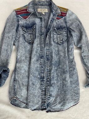Ryan Michael Light Wash Denim Button-Down Shirt with Multicolor Yoke